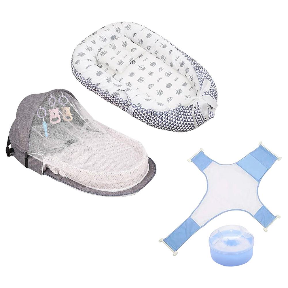 Star Babies - Baby Sleeping Mosquito Bed - Grey w/ Bath Support & Powder Puff - Blue