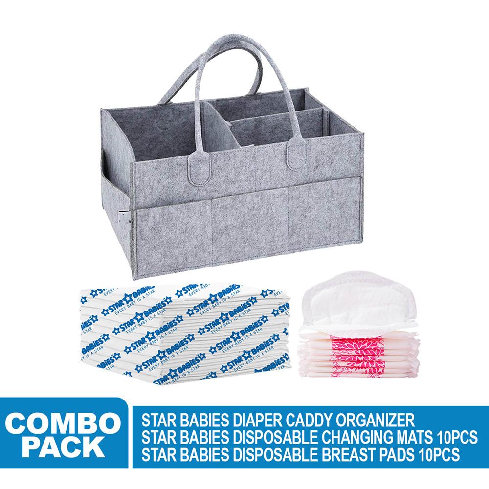 Star Babies - Caddy Diaper Organizer Grey w/ Breast Pad - 10pcs & Changing Mat - 10pcs