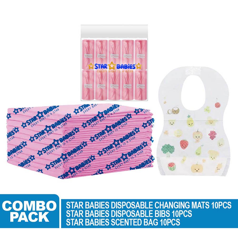 Star Babies - Disposable Changing Mat 10pcs & Scented Bag 10pcs W/ Disposable Bibs 10pcs - Pink