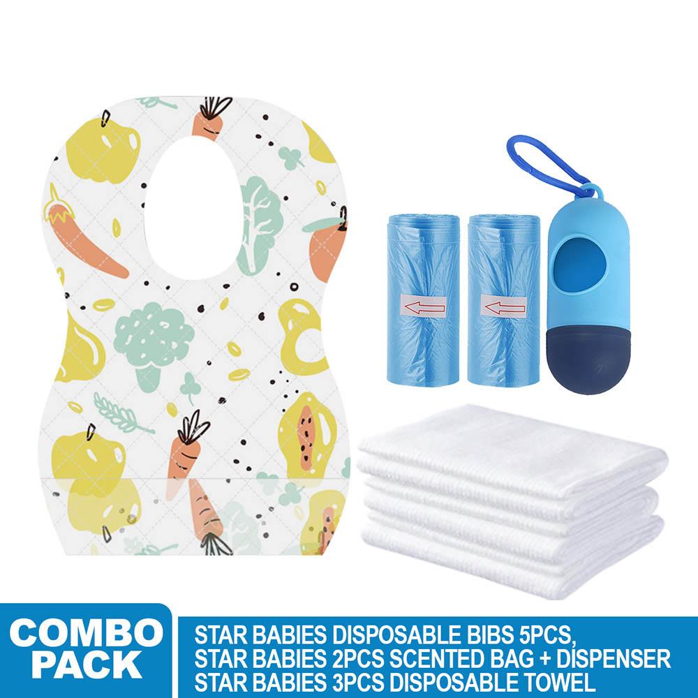 Star Babies - Disposable Bibs Fruits Print 5pcs, Disposable Towel 3pcs, Scented Bag 2pcs & Dispenser - Blue