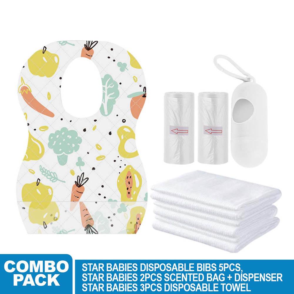 Star Babies - Disposable Bibs Fruits Print 5pcs, Disposable Towel 3pcs, Scented Bag 2pcs & Dispenser - White