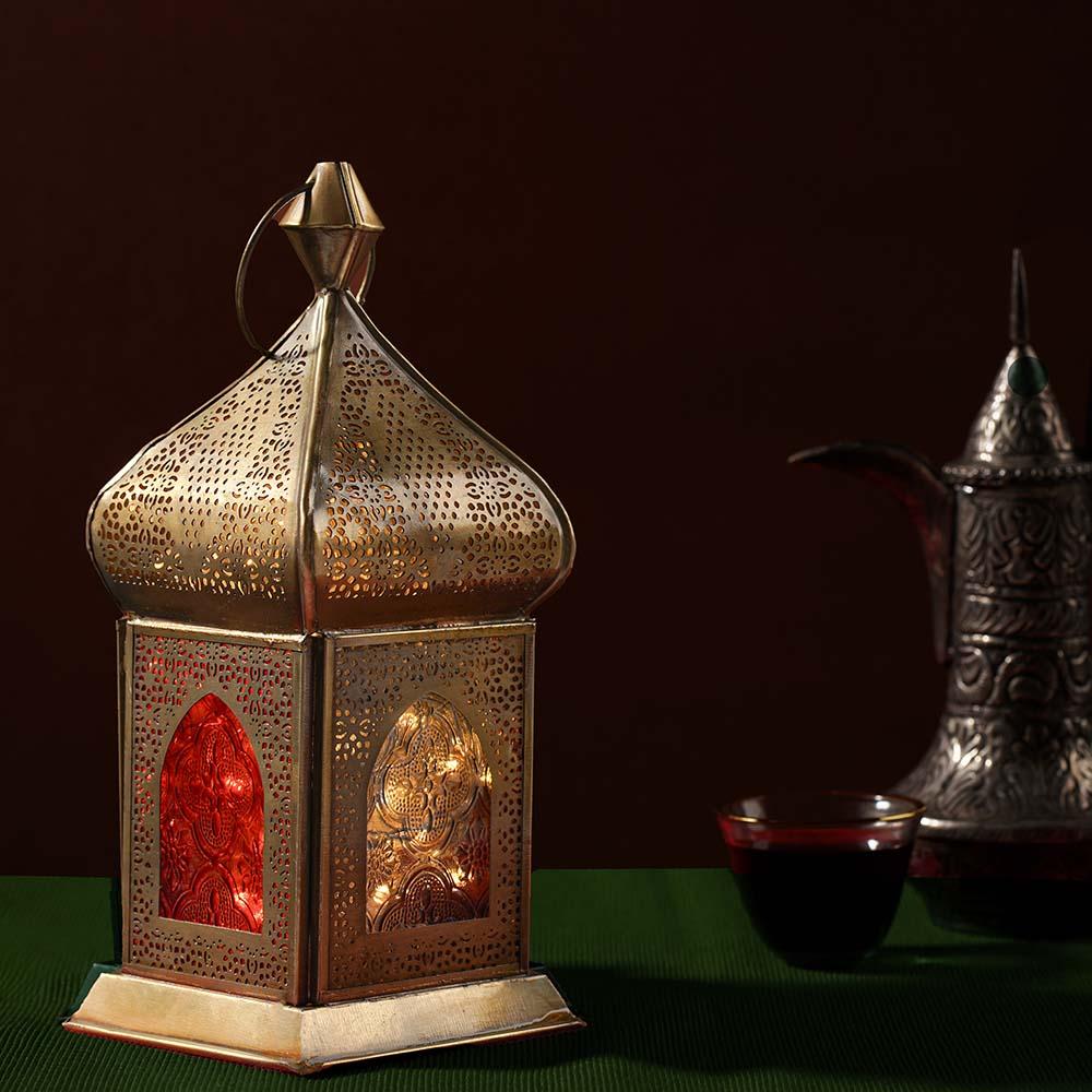 Hilalful - Damascene Brass Antique Lantern - Red Glass