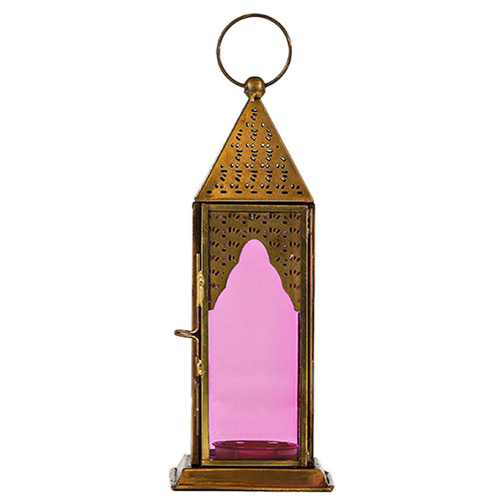 Hilalful - Classic Brass Antique Lantern - Clear Pink Glass