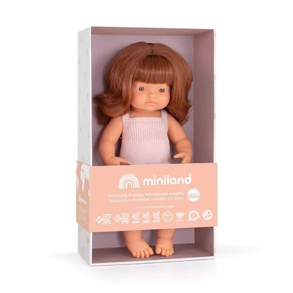 Miniland Baby - Redhead Girl Doll With Pink Romper - 38cm