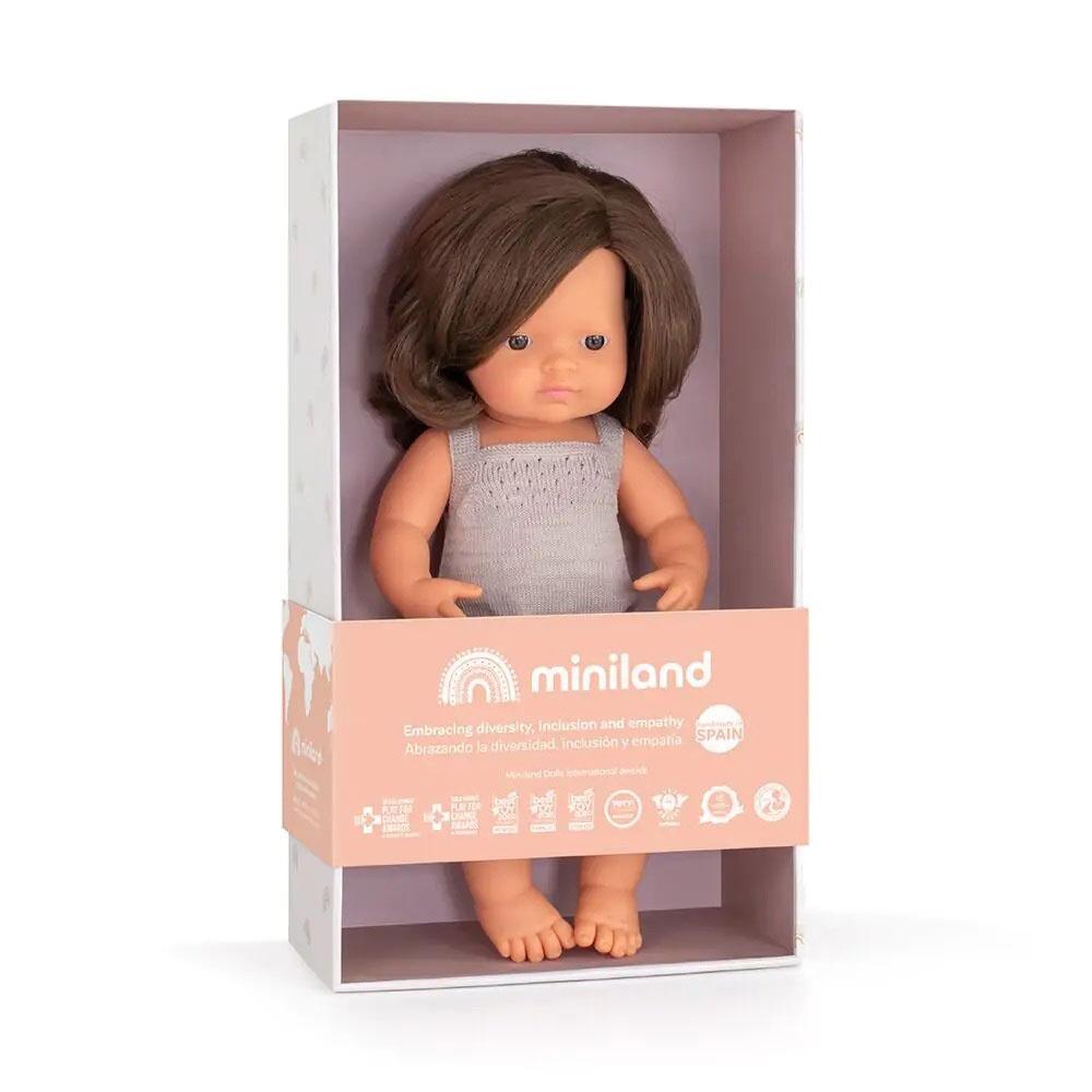 Miniland Baby - Brunette Girl Doll With Grey Romper - 38cm