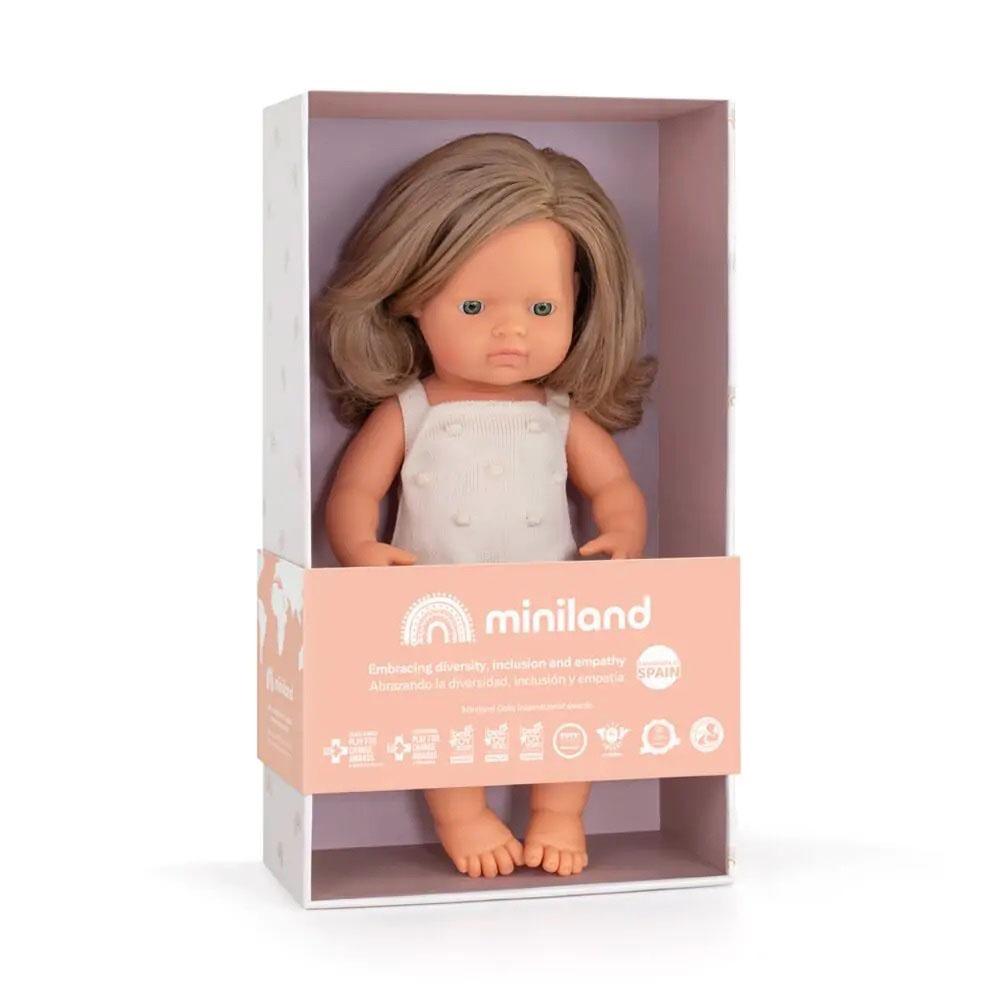 Miniland Baby - Caucasian Dark Blonde Girl Doll With Ecru Romper - 38cm