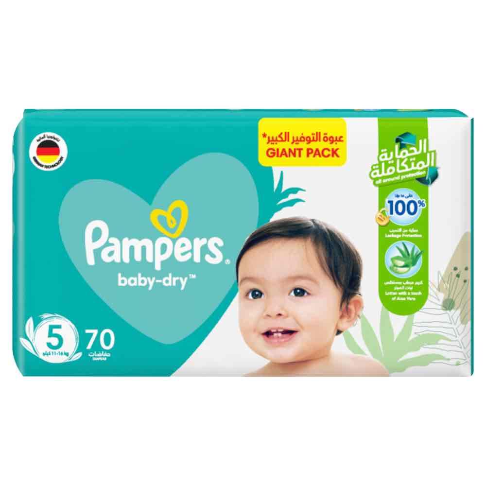 Pampers Baby-Dry Diapers, Size 5, 11-16 kg, Up to 100% Leakage Protection Over 12 Hours and Bigger, Wider Sides for Comfort, 70 Baby Diapers