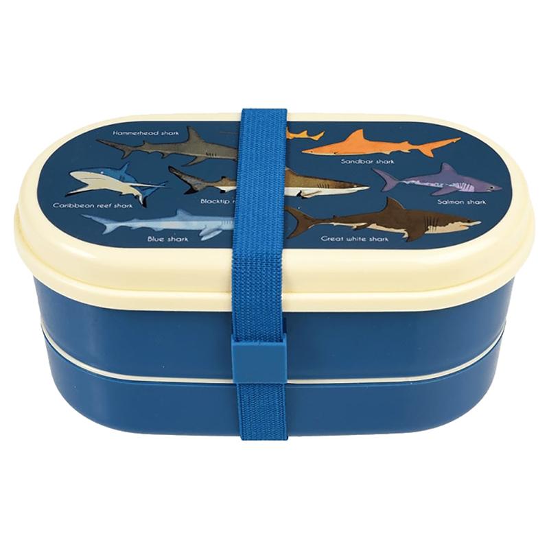 Rex London - 2 Compartment Sharks Bento Box with Spoon and Fork - Blue