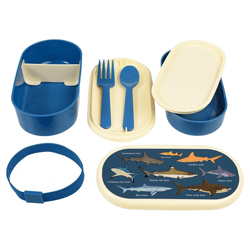 Rex London - 2 Compartment Sharks Bento Box with Spoon and Fork - Blue