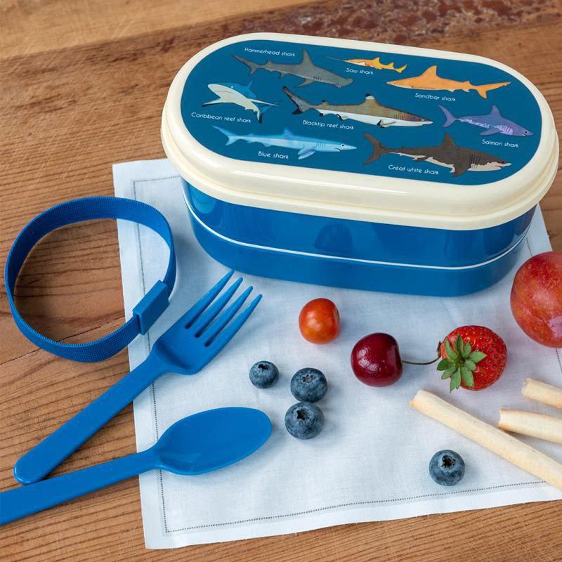 Rex London - 2 Compartment Sharks Bento Box with Spoon and Fork - Blue