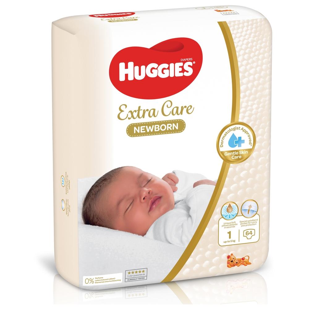 Huggies - Extra Care Newborn, Size 1, Up to 5 kg, Jumbo Pack, 64 Diapers