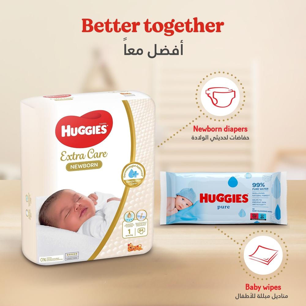 Huggies - Extra Care Newborn, Size 1, Up to 5 kg, Jumbo Pack, 64 Diapers