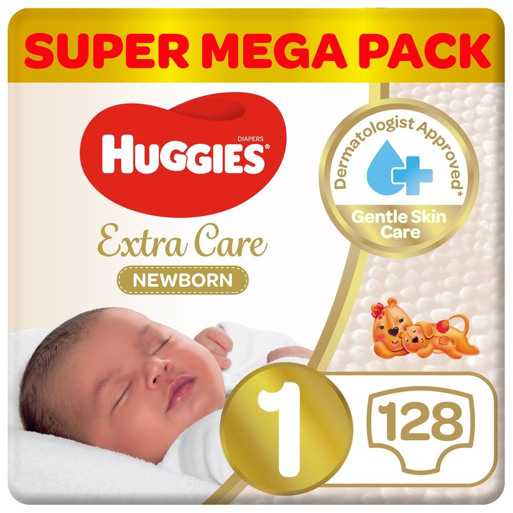 Huggies - Extra Care Newborn, Size 1, Up to 5 kg, Twin Jumbo Pack, 128 Diapers