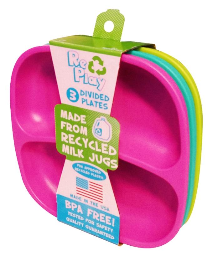 Re-Play - 3 Pack Divided Plates - Bright Pink, Aqua & Green