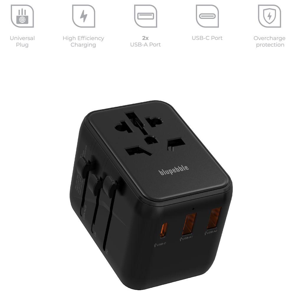 Blupebble - Passport 3.1 World Travel Adapter w/ 1 USB-C & 2 USB-A Ports - Black