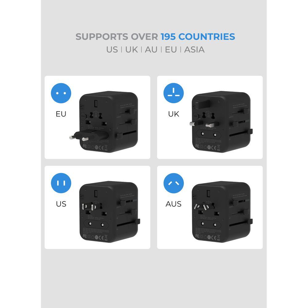 Blupebble - Passport 3.1 World Travel Adapter w/ 1 USB-C & 2 USB-A Ports - Black