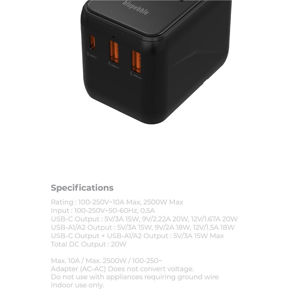 Blupebble - Passport 3.1 World Travel Adapter w/ 1 USB-C & 2 USB-A Ports - Black