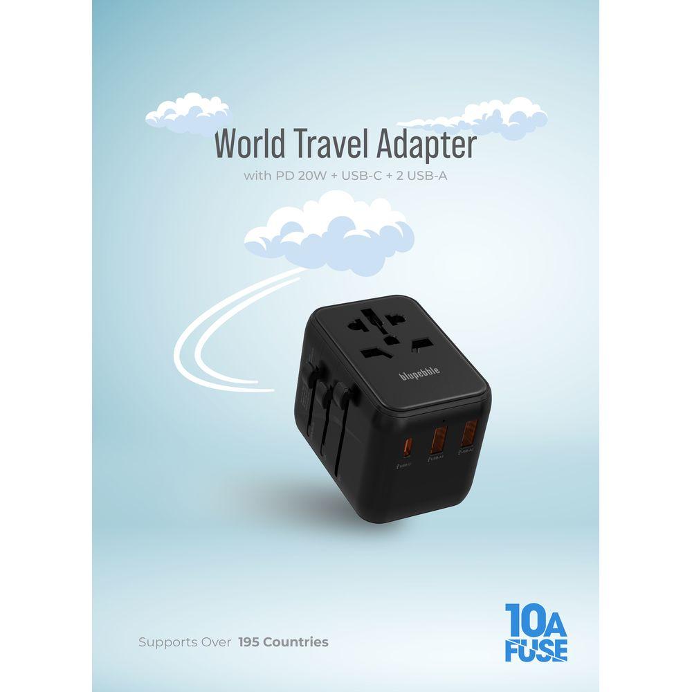 Blupebble - Passport 3.1 World Travel Adapter w/ 1 USB-C & 2 USB-A Ports - Black