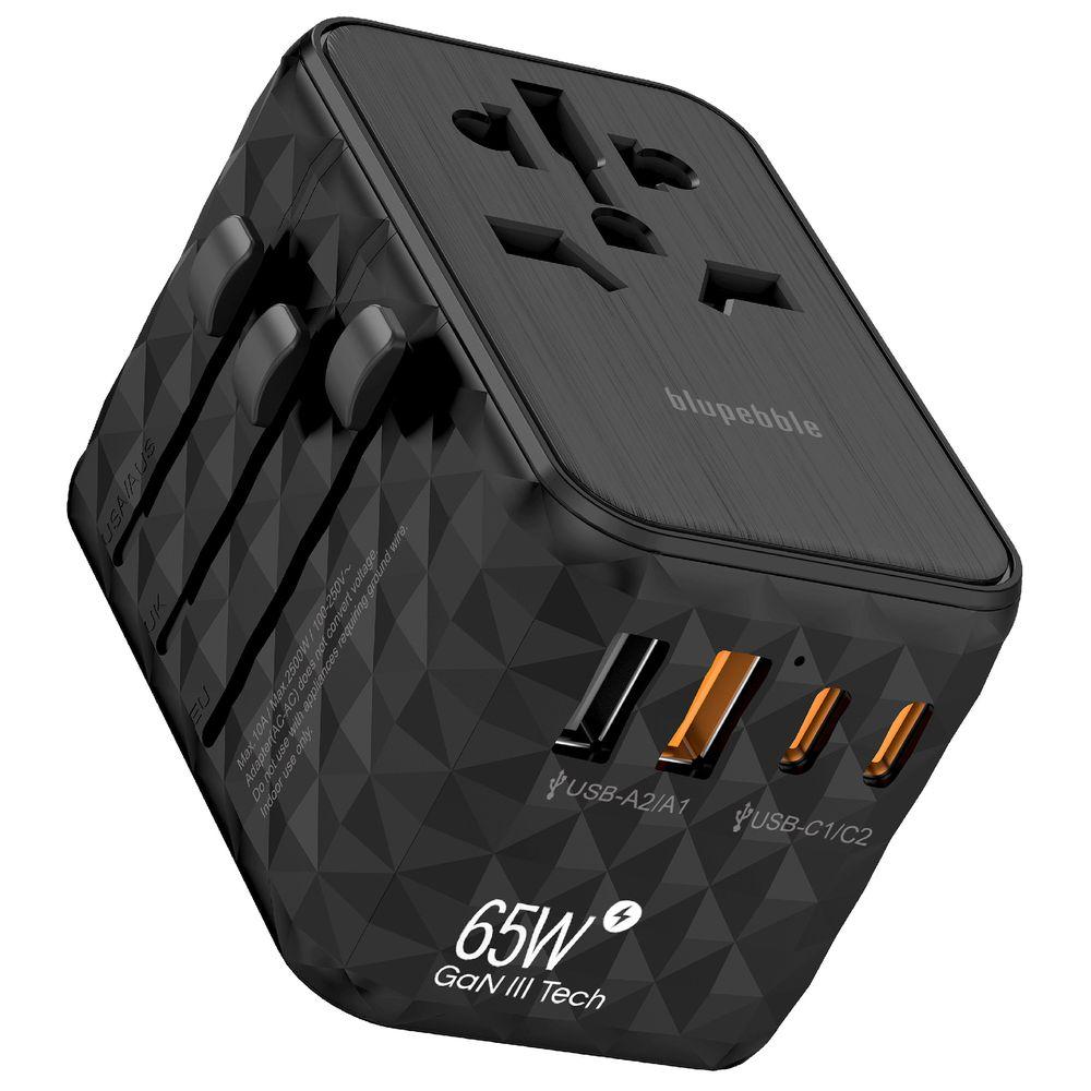 Blupebble - Passport 2.1 World Travel Adapter w/ 2 USB-C & 2 USB-A Ports - Black