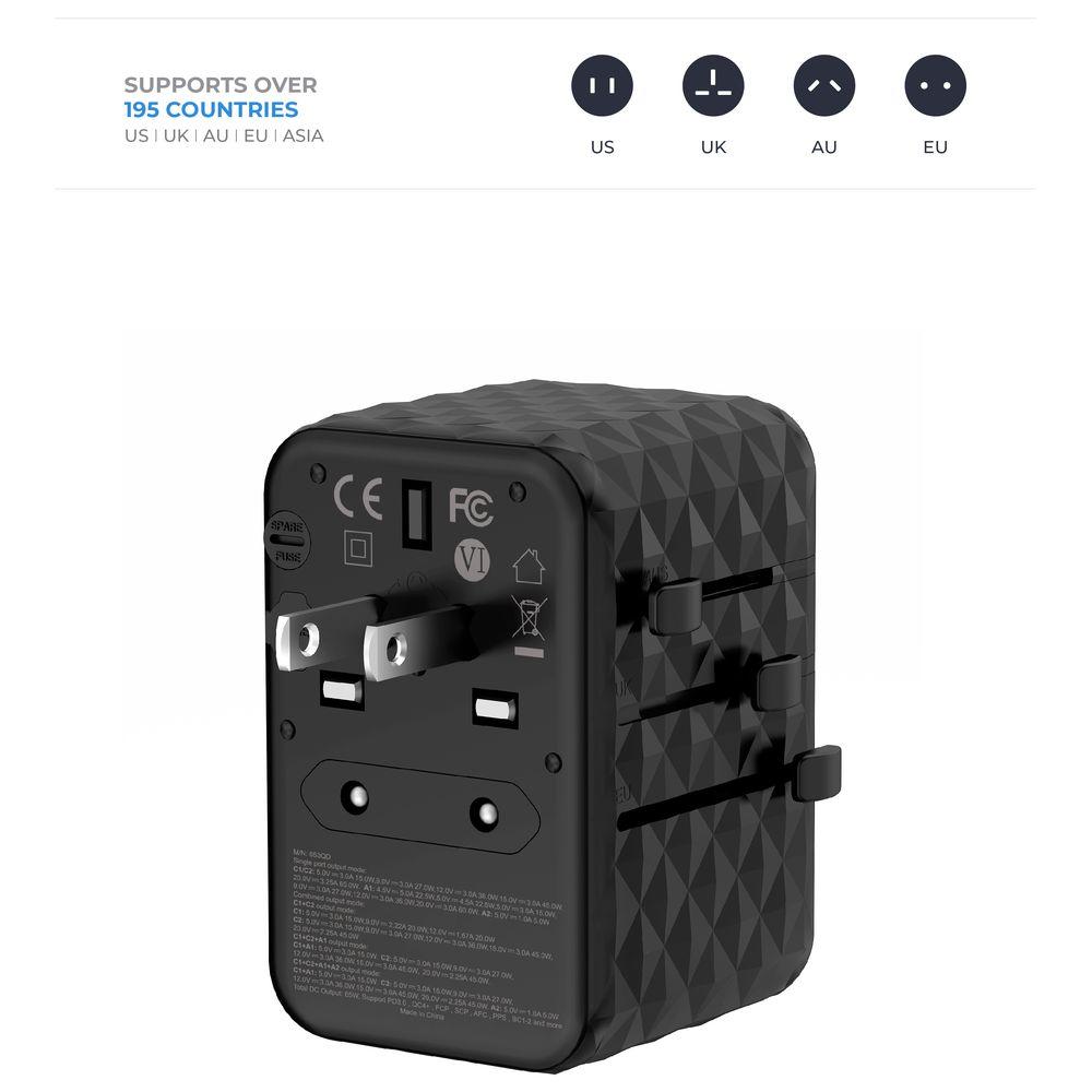 Blupebble - Passport 2.1 World Travel Adapter w/ 2 USB-C & 2 USB-A Ports - Black