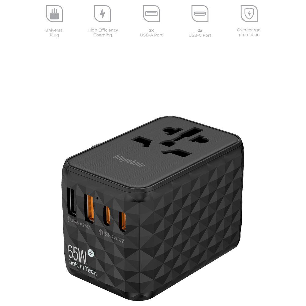 Blupebble - Passport 2.1 World Travel Adapter w/ 2 USB-C & 2 USB-A Ports - Black