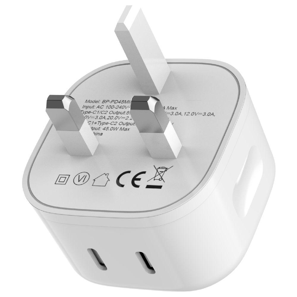 Blupebble - 2-Port PD Gan 45W Dual Port 2 USB C Charger Plug - White