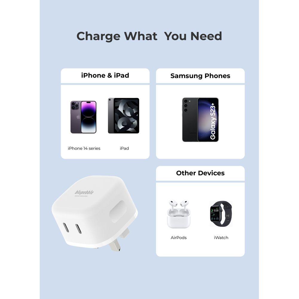 Blupebble - 2-Port PD Gan 45W Dual Port 2 USB C Charger Plug - White