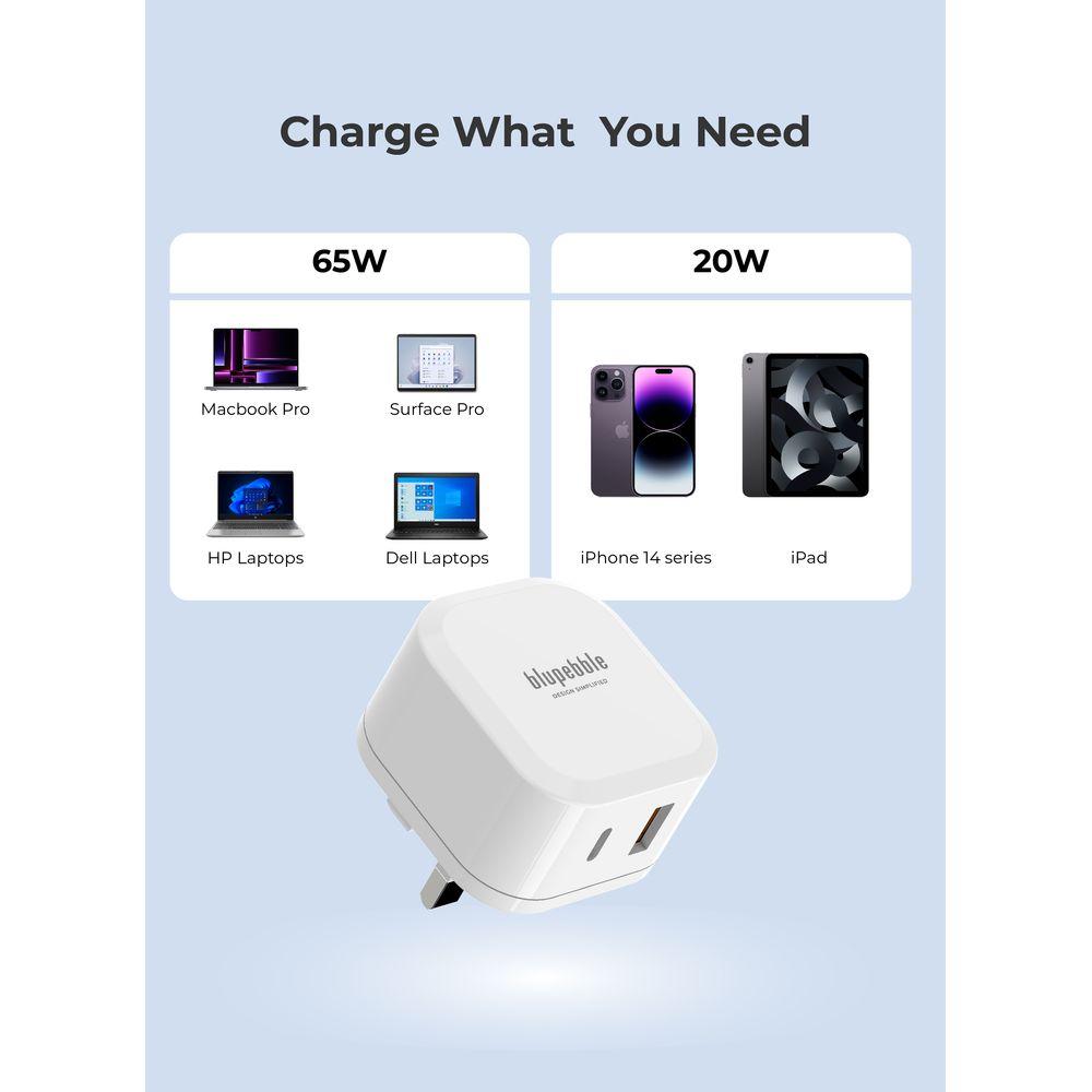 Blupebble - 2-Port PD Gan Fast Charger - 65W - White