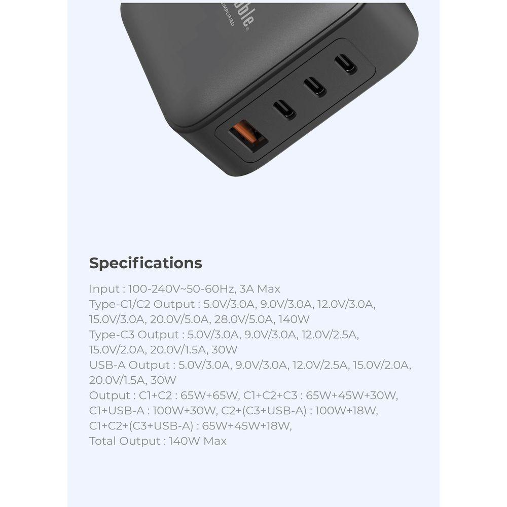 Blupebble - 4-Port PD Gan Fast Charger - 140W - Black