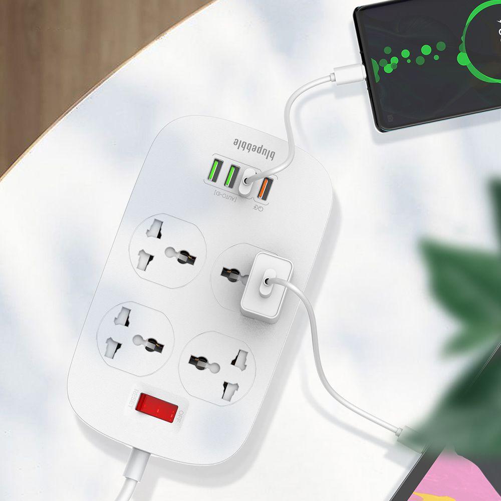 Blupebble - 4 Way Universal Surge Protector Power Strip w/ Extension Cord - White