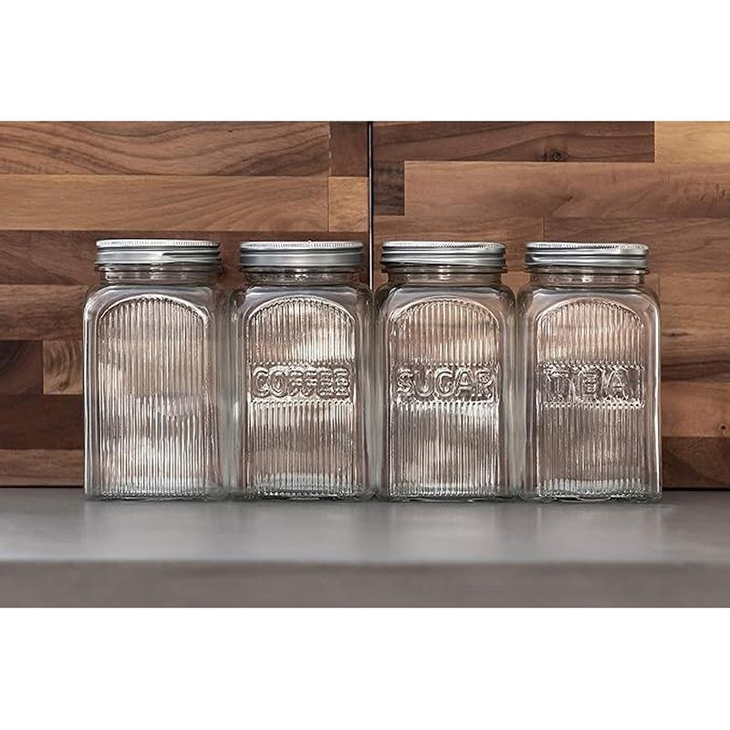 Tala - Coffee Ribbed Glass Storage Canisters w/ Screw Top Tin Lids - 1.25L