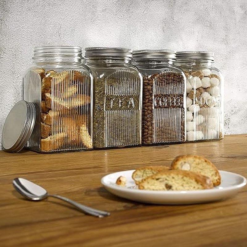 Tala - Coffee Ribbed Glass Storage Canisters w/ Screw Top Tin Lids - 1.25L