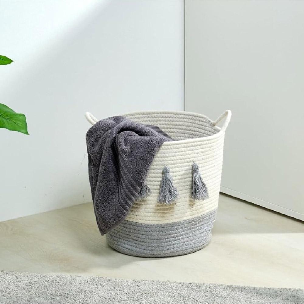 Homesmiths - Cotton Rope Basket - White & Light Grey - 30 X 30cm