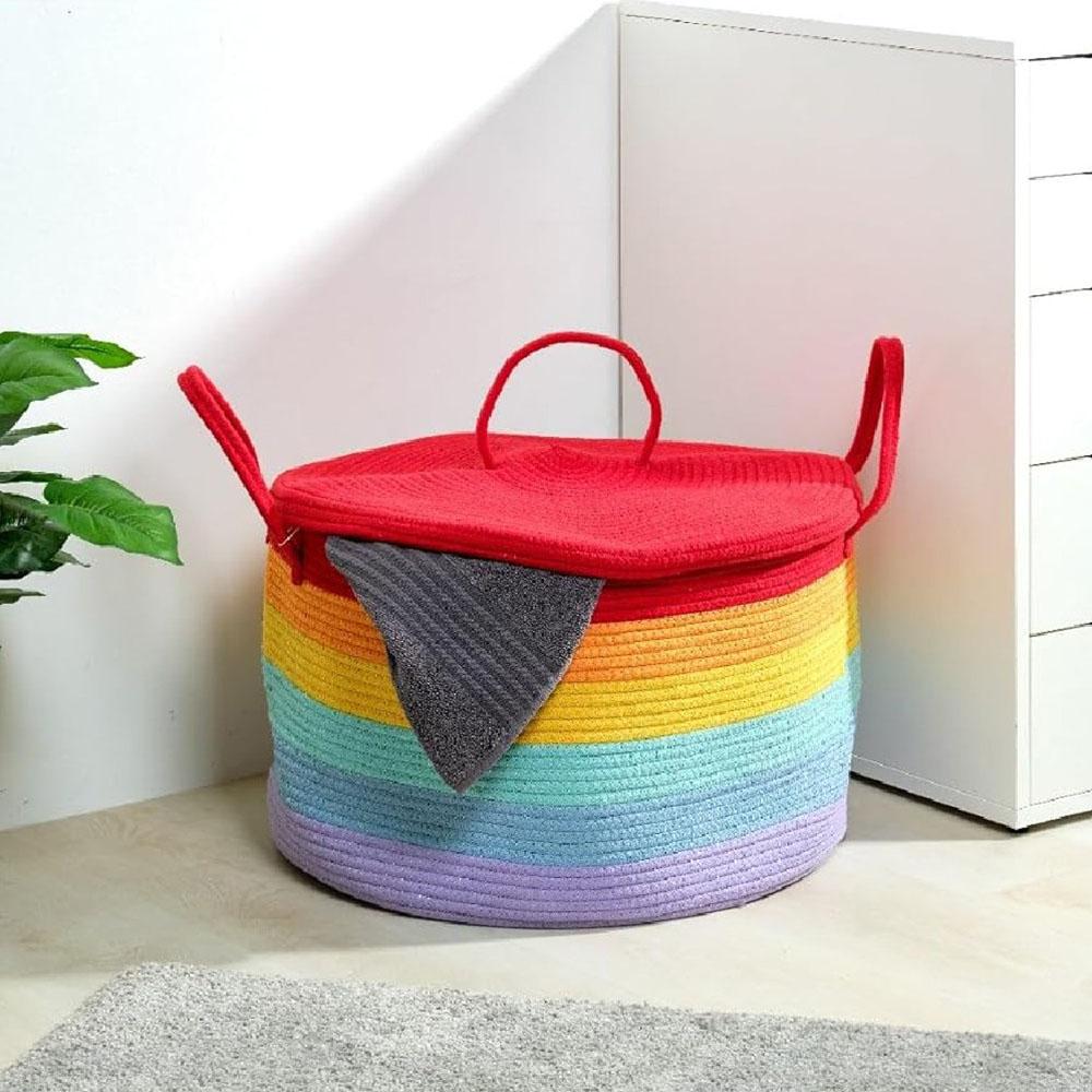 Homesmiths - Rainbow Cotton Rope Basket w/ Lid - 50 X 35cm