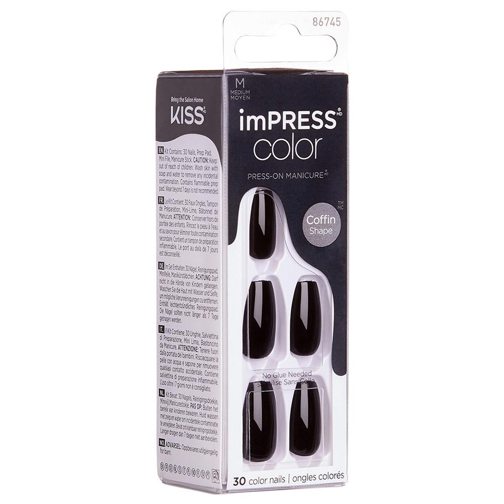 Kiss - Impress Color Coffin Shaped Nails - All Black - M - 30pcs