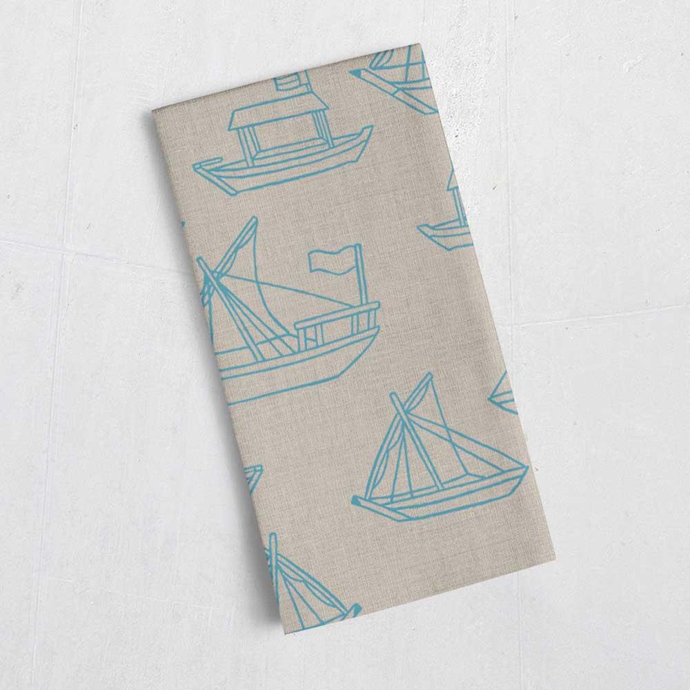 Little Majlis - Boat Printed Linen Tea Towel - Blue