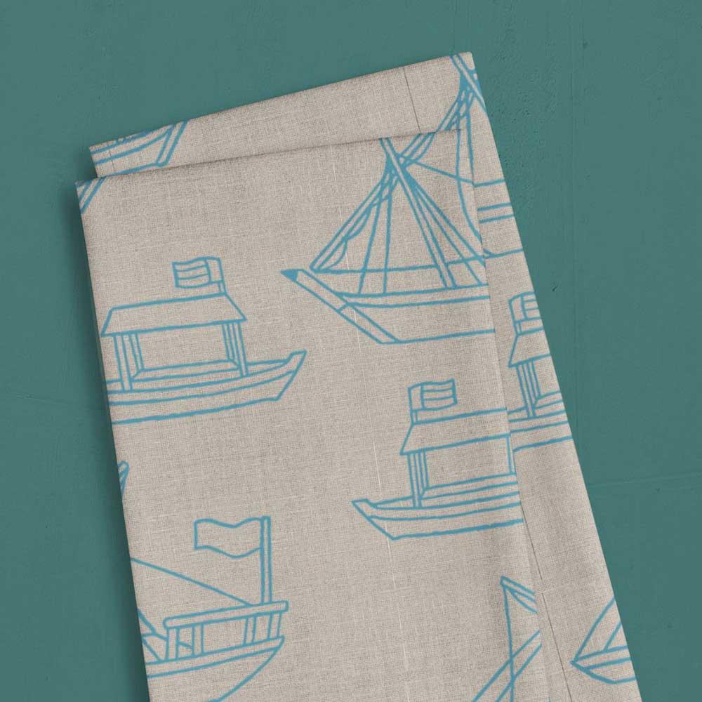 Little Majlis - Boat Printed Linen Tea Towel - Blue