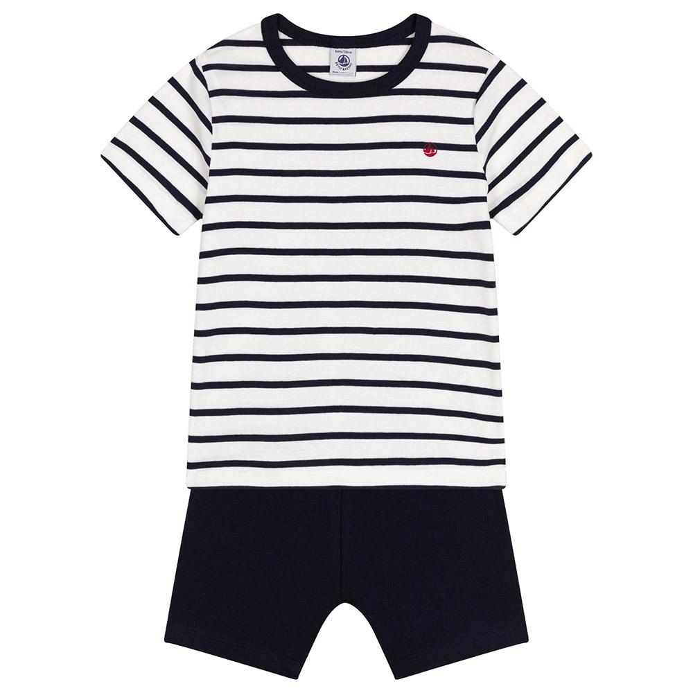 Petit Bateau - 2pc-Set - Boy's Short Pyjama And Stripes T-Shirt - White/Blue