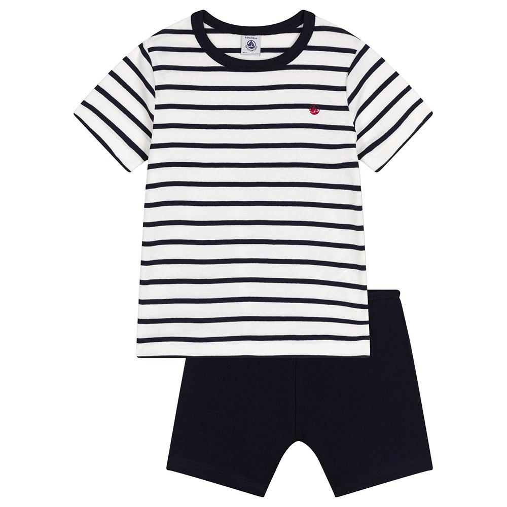 Petit Bateau - 2pc-Set - Boy's Short Pyjama And Stripes T-Shirt - White/Blue