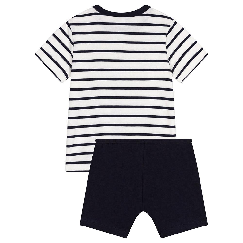 Petit Bateau - 2pc-Set - Boy's Short Pyjama And Stripes T-Shirt - White/Blue