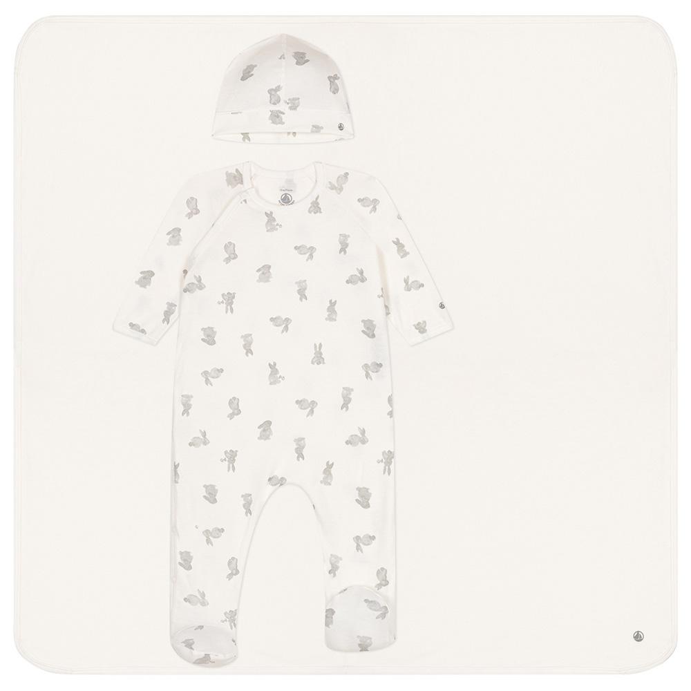 Petit Bateau - 3pc-Set - Baby's Muslin, Cotton Sleepsuit And Hat - White/Grey