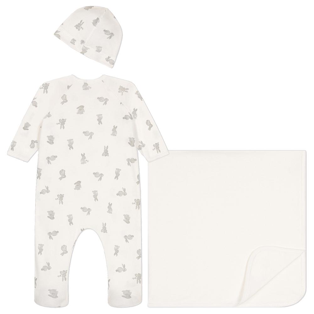 Petit Bateau - 3pc-Set - Baby's Muslin, Cotton Sleepsuit And Hat - White/Grey