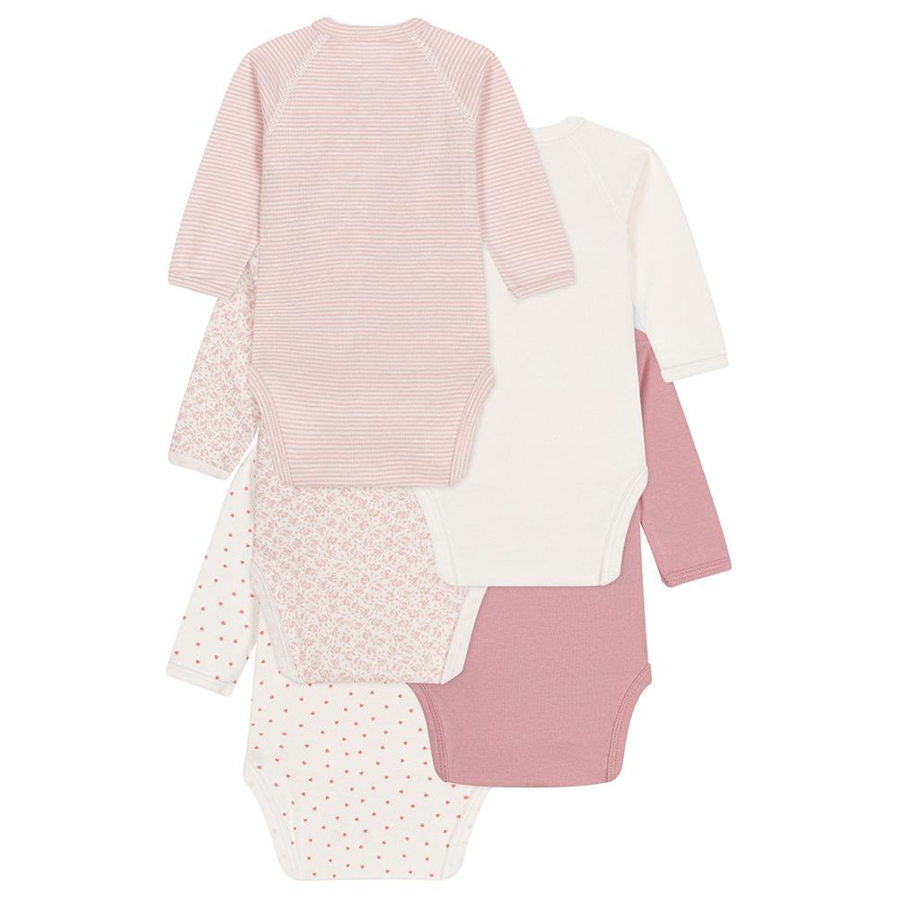 Petit Bateau - 5pc-Set - Baby's Long Sleeves Wrapover Cotton Bodysuits - Pink