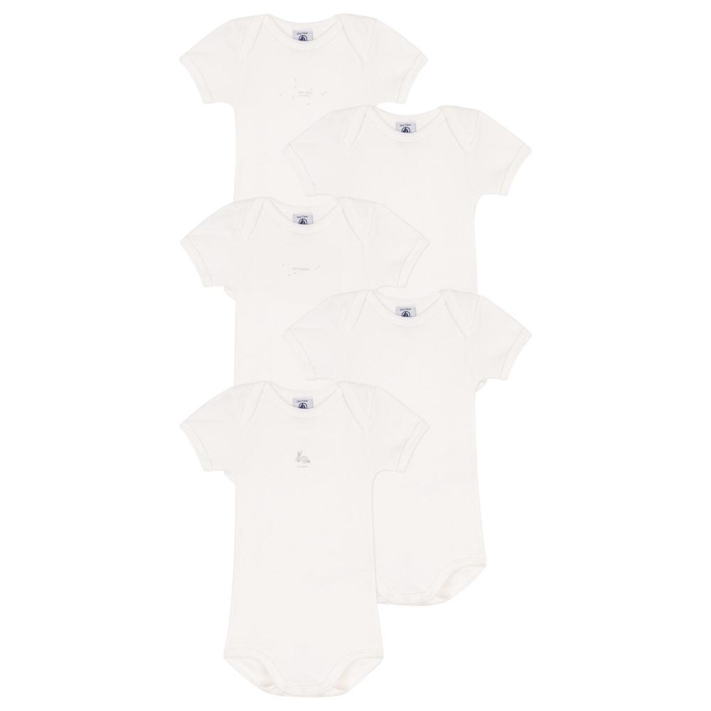 Petit Bateau - 5pc-Set - Short-Sleeves Cotton Rabbit Bodysuits - White