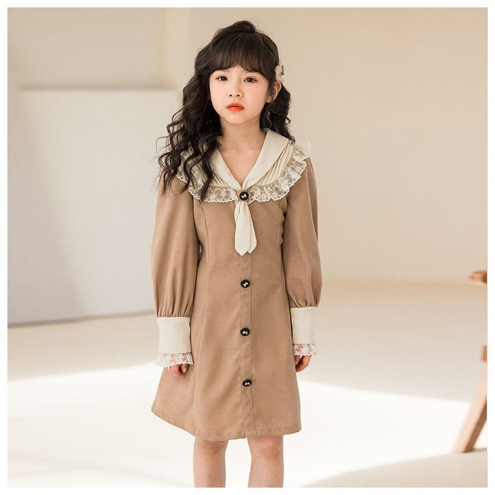 Sugar Rush - Laced V-Neck Full Sleeves Casual Dress - Khaki