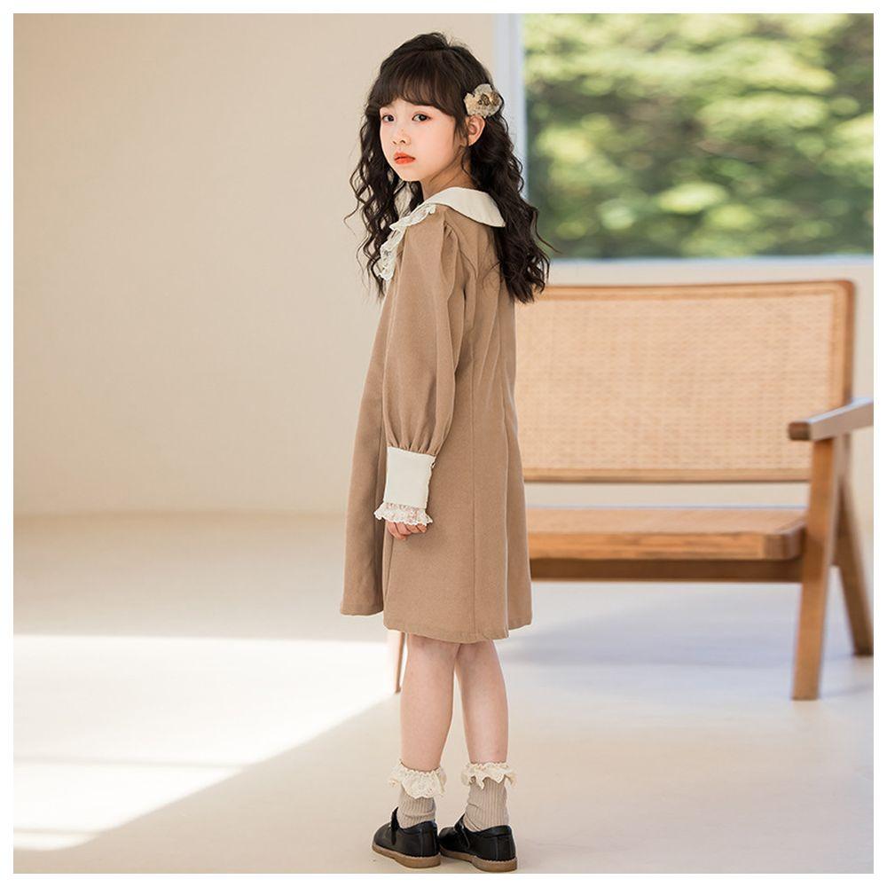 Sugar Rush - Laced V-Neck Full Sleeves Casual Dress - Khaki