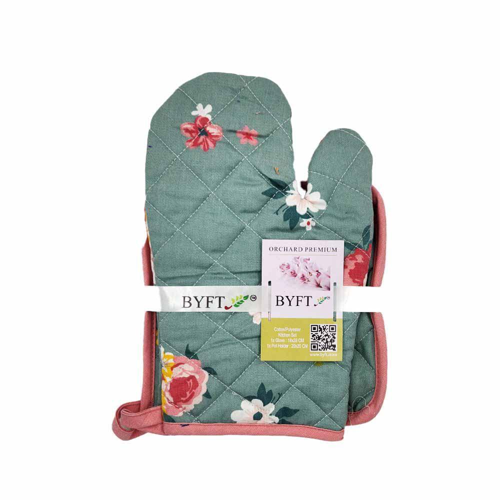 BYFT - Orchard Floral Glove And Pot Holder - Green/Pink - 2pcs