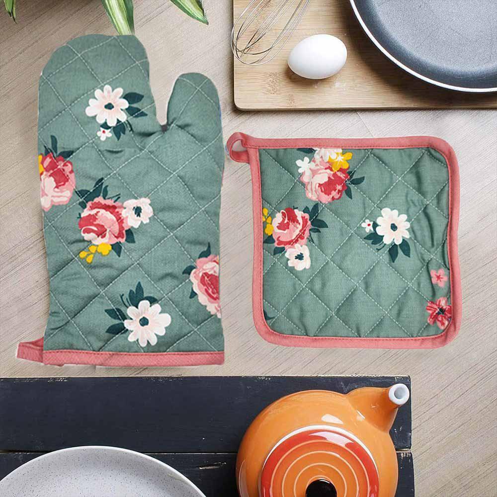 BYFT - Orchard Floral Glove And Pot Holder - Green/Pink - 2pcs