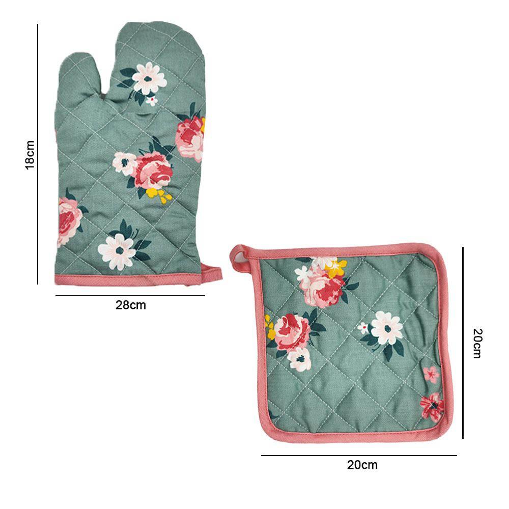 BYFT - Orchard Floral Glove And Pot Holder - Green/Pink - 2pcs