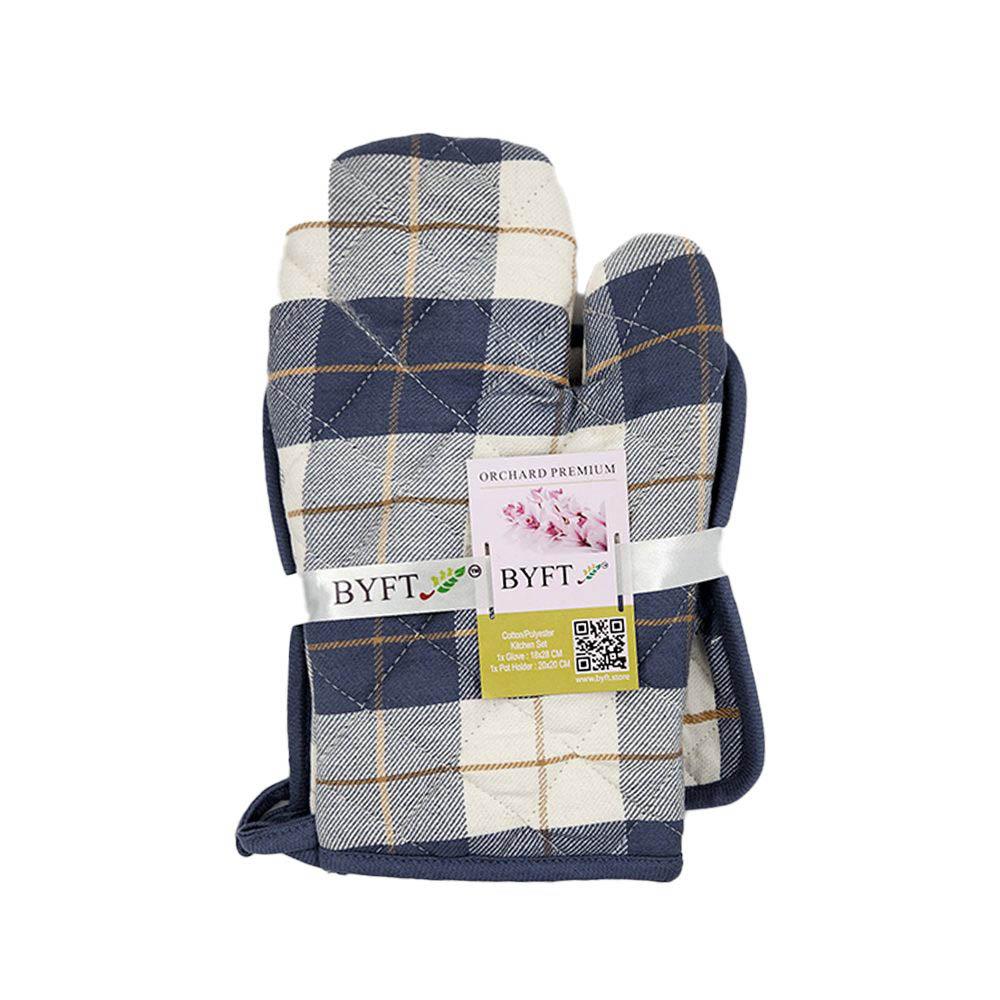 BYFT - Orchard Checkered Glove And Pot Holder - Denim Blue/Caramel - 2pcs